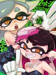  +_+ 2girls black_dress black_hair black_jumpsuit bow-shaped_hair callie_(splatoon) callie_(squid_sisters_outfit)_(splatoon) cousins detached_collar dress earrings fangs food food_on_head gloves green_pantyhose grey_hair highres hoop_earrings index_finger_raised inkling jewelry jumpsuit long_hair marie_(splatoon) marie_(squid_sisters_outfit)_(splatoon) mole mole_under_eye multiple_girls noboru_eaka object_on_head ok_sign open_mouth pantyhose pointy_ears short_dress short_jumpsuit smile splatoon_(series) strapless strapless_dress strapless_jumpsuit sushi swept_bangs tentacle_hair twintails unitard updo upper_body white_gloves yellow_eyes 