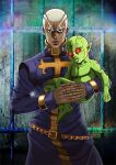  2boys black_eyes dark dark-skinned_male dark_skin enrico_pucci glowing glowing_eyes green_baby_(jojo) highres jacket jojo_no_kimyou_na_bouken looking_at_viewer multiple_boys purple_jacket red_eyes short_hair source_request standing stone_ocean the_dashing_doctor_k very_short_hair white_hair 