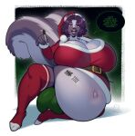 2024 anthro artist_logo belt big_breasts big_bulge biped bodily_fluids body_writing boosterpang breasts bulge christmas christmas_clothing christmas_headwear clothed clothing cum cum_inflation cum_inside english_text flaccid fluffy fluffy_tail genital_fluids genitals gynomorph hair hat headgear headwear hi_res holidays huge_breasts inflation intersex logo long_socks looking_at_viewer louis_(grendelrat) male_(lore) mammal mephitid open_mouth penis santa_hat shirt short_hair skunk solo speech_bubble tail text topwear