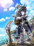  1boy armor blue_sky cat cloud copyright_notice facing_animal fire_emblem fire_emblem_cipher fish fishing fishing_rod helmet male_focus mineri official_art pier sky valjean_(fire_emblem) 