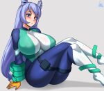  1girl absurdres artist_name bangs blue_eyes bodysuit boku_no_hero_academia breasts commentary covered_collarbone covered_nipples crossed_legs eyebrows_visible_through_hair eyelashes gloves grey_background hadou_nejire highres jmg large_breasts long_hair looking_at_viewer parted_lips shadow simple_background sitting solo thighs 
