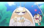  blue_pupils blurry blurry_background blush chiimako closed_mouth commentary_request day eyelashes hands_up heart heart_in_eye hetero holding meowth outdoors pheromosa pokemon pokemon_(creature) purple_eyes smile symbol_in_eye ultra_beast 