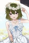  1boy 1girl :o bare_shoulders blurry blush breasts cleavage collarbone cowboy_shot depth_of_field dress eyebrows_visible_through_hair field flower green_hair head_wreath highres idolmaster idolmaster_million_live! idolmaster_million_live!_theater_days jewelry looking_at_viewer nagayoshi_subaru necklace paruo_orh pov pov_hands producer_(idolmaster) round_teeth short_hair sleeveless sleeveless_dress small_breasts solo_focus teeth 
