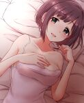  1girl :o armpit_crease bare_shoulders bed bed_sheet blush breasts brown_hair collarbone covered_nipples dutch_angle fang hand_on_own_chest hands_up highres idolmaster idolmaster_cinderella_girls looking_at_viewer lying maekawa_miku mariabowl medium_breasts on_back pillow short_hair skin_fang solo strap_slip tank_top upper_body 