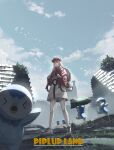  &gt;_&lt; 1girl absurdres backpack bag baseball_cap bird blonde_hair character_name character_request cloud commentary full_body grass hair_between_eyes hat highres holding_missile jacket long_hair long_sleeves looking_at_viewer missile no_pants open_mouth outdoors overgrown piplup pokemon pokemon_(creature) prezonya46 puddle rayquaza red_hat red_jacket ruins shoes simple_bird sky solo standing wide_sleeves 