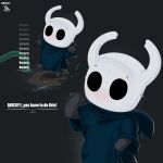 2025 2_horns ambiguous_gender artist_name biped black_body black_eyes blue_cloak blue_clothing bodily_fluids cloak clothing comic dialogue english_text exclamation_point eyebrows first_page grass hi_res hollow_knight horn mitiz-art plant solo standing sweat sweatdrop talking_to_another team_cherry text the_knight_(hollow_knight) vessel_(species) white_head white_text
