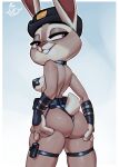 4_fingers anthro armwear bottomwear breasts butt choker clothed clothing disney eyebrows female fingers fur garter_straps grey_body grey_fur hand_on_butt hand_on_own_butt hat headgear headwear hi_res jewelry judy_hopps lagomorph legband leporid long_ears looking_back mammal narrowed_eyes necklace pasties police police_uniform purple_eyes qupostuv35 rabbit scut_tail short_tail signature solo tail teeth thighband uniform zootopia