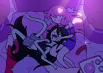 adventure_time bed bedding black_hair blanket bodily_fluids bottomwear cartoon_network clothing container cool_colors crop_top cuddling cup demon demon_humanoid detailed_background discount-supervillain drooling duo eyes_closed fangs female female/female footwear furniture hair human humanoid long_hair mammal marceline_abadeer not_furry on_bed on_model one_sock pillow pink_hair princess_bubblegum saliva shirt shorts sleeping smile socks tank_top tea_cup teapot teeth toony topwear vampire