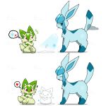 1:1 ambiguous_gender animated blue_body blue_fur blue_sclera blue_tail duo eeveelution eyes_closed feral fur generation_4_pokemon generation_9_pokemon glaceon green_body green_fur heart_symbol nintendo open_mouth open_smile pawpads pokemon pokemon_(species) quadruped red_eyes short_tail side_view simple_background smile sprigatito tail thought_bubble tontaro white_background white_eyes