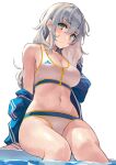  1girl bangs bare_shoulders bikini blue_jacket blush breasts cleavage collarbone commentary green_eyes grey_hair highres jacket kekemotsu large_breasts long_hair long_sleeves looking_at_viewer navel off_shoulder original sitting solo swimsuit symbol-only_commentary thighs towel water white_background white_bikini 