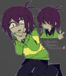  1other adversarial_noise black_eyes black_pants black_shirt brown_hair collared_shirt deltarune green_sweater hair_over_eyes heterochromia highres kris_(deltarune) mr0x0 multiple_views open_mouth pants red_eyes saliva shirt short_hair sweater too_many_watermarks translation_request w watermark watermark_grid 