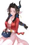  1girl absurdres advarcher aerith_gainsborough aerith_gainsborough_(cosplay) asymmetrical_horns black_hair black_horns bracelet breasts cleavage cosplay dress final_fantasy final_fantasy_vii highres hololive hololive_english horns jacket jailbird_(nerissa_ravencroft) jewelry large_breasts long_hair nerissa_ravencroft pink_dress red_jacket virtual_youtuber 
