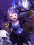  1girl :d acerola_(pokemon) arm_support banette bangs blue_dress blue_fire blurry chandelure chromatic_aberration closed_eyes collarbone commentary_request dress drifblim en_(o0) eyelashes facing_viewer fire flipped_hair froslass hair_ornament hairclip mimikyu multicolored_clothes multicolored_dress open_mouth palossand pokemon pokemon_(creature) pokemon_(game) pokemon_sm purple_hair sableye short_sleeves smile teeth tongue topknot torn_clothes torn_dress 