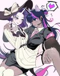  2girls animal_ears armband asymmetrical_legwear black_hair black_hat black_jacket black_necktie black_skirt black_thighhighs blue_eyes blue_eyeshadow blush bow breasts buttons carrying closed_mouth collared_shirt commentary curtained_hair dark-skinned_female dark_skin double-breasted dress earpiece earrings english_commentary extra_ears eyeshadow feet_out_of_frame fishnet_gloves fishnet_thighhighs fishnets flying_sweatdrops garter_straps gloves hair_bun hand_on_another&#039;s_shoulder hat hat_bow heart highres horse_ears interracial jacket jewelry large_hat lips long_hair long_sleeves makeup medium_breasts memoji_7672 miniskirt multicolored_hair multiple_girls my_little_pony my_little_pony:_friendship_is_magic necktie pale_skin parted_lips pencil_skirt pink_armband pink_background pink_hair pink_necktie princess_carry purple_eyes purple_hair rarity_(my_little_pony) ribbed_dress shirt short_hair side_slit simple_background single_garter_strap single_hair_bun skirt spoken_heart standing streaked_hair sweatdrop thighhighs twilight_sparkle unicorn_girl unicorn_horn very_long_hair white_bow white_dress white_shirt white_thighhighs yuri zettai_ryouiki 