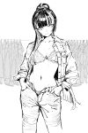  1girl belt bra bracelet breasts closed_mouth colored_inner_hair cowboy_shot greyscale hands_in_pockets high_ponytail highres hololive hololive_dev_is jacket jewelry juufuutei_raden long_hair looking_at_viewer medium_breasts monochrome multicolored_hair navel open_belt open_clothes open_fly open_jacket panties pants panty_peek ponytail rhinth simple_background sketch smile solo stomach two-tone_hair underwear virtual_youtuber white_background 