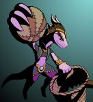 2025 4_fingers anthro armor ball basketball basketball_(ball) basketball_hoop bent_leg biped blue_eyes bracers clothed clothed_anthro clothed_female clothing crop_top digital_media_(artwork) drauk edina_(ever_oasis) ever_oasis eye_markings eyelashes female fingers flat_colors full-length_portrait fully_clothed fully_clothed_anthro fully_clothed_female gradient_background half-closed_eyes headdress headgear headwear hi_res high-angle_view holding_ball holding_object horn legwear lizardanon markings midair midriff mouth_closed multicolored_body multicolored_skin narrowed_eyes nintendo portrait pupils purple_body purple_skin raised_arm scalie shirt simple_background solo tan_body tan_skin topwear two_tone_body two_tone_skin vest white_sclera