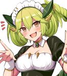  1girl breasts brown_eyes cleavage detached_collar duel_monster fang green_hair highres horosuke maid maid_headdress parlor_dragonmaid pointy_ears white_background wrist_cuffs yu-gi-oh! 