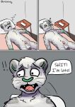 absurd_res animal_genitalia animal_penis anthro balls bed coalcolorhusky comic dialogue electronics felid feline_genitalia feline_penis furniture genitals hi_res karno_(coalcolorhusky) lying male mammal on_back open_mouth pantherine penis penis_tip phone question_mark sheath sleeping snow_leopard solo sound_effects speech_bubble tail vowelless vowelless_sound_effect waking_up white_balls zzz
