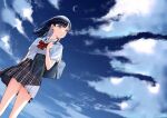  1girl bag bangs black_hair black_skirt blue_eyes blue_sky breasts cloud collared_shirt commentary_request crescent_moon day dress_shirt dutch_angle eyebrows_visible_through_hair long_hair minatoasu moon novel_illustration official_art original outdoors parted_lips plaid plaid_skirt pleated_skirt school_bag school_uniform shirt short_sleeves skirt sky small_breasts solo white_shirt 
