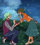  ! 1boy 1girl anklet arm_behind_back blue_skirt blurry blurry_background blush closed_eyes cloud cloudy_sky cove_holden denim earrings fireflies flustered full_body green_hair grin hair_bun hand_on_own_face hetero highres hill horizon jeans jewelry leaning_forward looking_at_another main_character_(our_life) marriage_proposal midriff minthe_draws mole mole_on_cheek night night_sky on_one_knee orange_shirt our_life:_beginnings_and_always pants sandals shirt shoes skirt sky sleeveless sleeveless_shirt smile sneakers stud_earrings tattoo tattoo_sleeve 