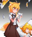  1girl ahoge animal_ear_fluff animal_ears asymmetrical_hair bangs black_camisole black_necktie blonde_hair blush breasts brown_skirt brown_vest camisole cleavage collared_shirt commentary_request cookie_(touhou) drooling embarrassed eyebrows_visible_through_hair fang fang_out feet_out_of_frame fox_ears fox_girl fox_tail gradient gradient_background grey_background half-closed_eyes holding holding_photo medium_hair miramikaru_riran necktie open_mouth photo_(object) pillow red_eyes shirt short_sleeves sidelocks skirt small_breasts solo tail tearing_up trembling vest waking_up white_shirt yan_pai 