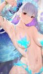  1girl absurdres armpits blue_fire blue_hair body_markings bracelet breasts closed_mouth collarbone colored_inner_hair earrings eyebrows_visible_through_hair fate/grand_order fate_(series) fire floating_hair flower hair_flower hair_ornament highres jewelry kama_(fate) kama_(swimsuit_avenger)_(fate) long_hair looking_at_viewer medium_breasts multicolored_hair nail_polish navel nvl pink_hair pink_nails red_eyes silver_hair solo stomach sweat swimsuit very_long_hair wet 