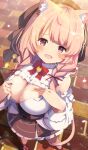  1girl :d absurdres ahoge animal_ear_fluff animal_ears bare_shoulders beret black_skirt blunt_bangs blurry blurry_background blush bow bowtie braid breasts brick_floor brown_ribbon brown_shoes brown_skirt cat_ears cat_girl cat_tail center_frills cleavage cleavage_cutout clothes_pull clothing_cutout commission cross-laced_clothes cross-laced_skirt depth_of_field detached_sleeves fang frilled_shirt frilled_skirt frilled_sleeves frills from_above full_body gradient_eyes hair_ribbon hand_on_own_chest hands_on_own_chest hat high-waist_skirt highres large_breasts light_particles long_hair long_sleeves looking_at_viewer looking_up multicolored_eyes open_mouth original outdoors pink_eyes pink_hair pink_tail purple_eyes red_bow red_bowtie red_ribbon ribbon shiro9jira shirt shirt_pull shoes skeb_commission skirt sleeveless sleeveless_shirt smile solo standing symbol_in_eye tail twin_braids twintails underbust white_shirt white_sleeves 