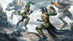 action_pose anthro artist_name black_body black_fur black_sclera blue_body bridge canid canine clothed clothing day destruction duo fangs fight fur green_eyes green_hair green_markings grey_body hair hi_res jumping machine male male_anthro mammal marie_merkh markings mecha motion_blur open_mouth outside pose reptile scalie sharp_teeth short_hair signature snake striped_markings striped_tail stripes tail tail_markings teeth text tongue tongue_out uniform yellow_eyes