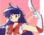  1girl bishoujo_senshi_sailor_moon bow bowtie choker circlet commentary cueshima earrings gloves hino_rei holding_ofuda jewelry long_hair looking_at_viewer magical_girl ofuda purple_eyes purple_hair red_bow red_bowtie red_choker red_sailor_collar sailor_collar sailor_mars sailor_senshi sailor_senshi_uniform solo star_(symbol) star_choker stud_earrings upper_body white_gloves 