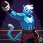 1:1 abs anthro black_nose blue_body blue_fur bodily_fluids bottomwear boxing boxing_gloves clothed clothing domestic_cat felid feline felis fight fighting_ring fur hair handwear imbroglio_24 male mammal multicolored_body multicolored_fur muscular muscular_anthro muscular_male nipples orange_eyes pants pose shorts smile solo sport stadium standing sweat sweatdrop tail topless topless_anthro topless_male white_hair
