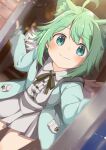  1girl absurdres ahoge angel_wings animal_ear_fluff animal_ears aqua_eyes blue_eyes blush cat_ears commission doorway green_hair highres hood jacket looking_at_viewer opening_door pov_doorway ribbon shiro9jira short_hair skeb_commission skirt smile solo vrchat white_skirt wings 