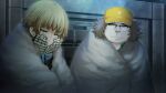  1boy 1girl 2015 amane_suzuha amane_suzuha_(beta) baseball_cap black_jacket blue_jacket blue_track_suit braid brown_hair collared_shirt cropped_jacket fat fat_man father_and_daughter frown fur_blanket fur_gloves game_cg green_eyes green_shirt hair_rings hands_on_own_face hashida_itaru hat high_collar highres huke indoors jacket jacket_over_jacket leather leather_jacket long_sleeves looking_at_another looking_down midriff non-web_source official_art open_collar ringed_eyes shirt smile steins;gate steins;gate_0 track_jacket track_suit twin_braids twintails wrapped_in_blanket yellow_eyes yellow_hat 