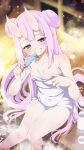  1girl alcohol bare_shoulders blurry blush breasts choko_(cup) collarbone commission cup double_bun dripping food food_on_body grin hair_bun heterochromia highres holding holding_food horns long_hair looking_at_viewer mole naked_towel oni onsen original pink_hair pointy_ears popsicle purple_eyes purple_hair red_eyes sake shiro9jira sitting skeb_commission skin-covered_horns small_breasts smile soaking_feet solo steam tokkuri towel very_long_hair water 