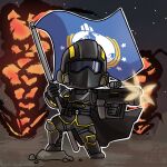  1other ambiguous_gender black_boots black_gloves black_jacket black_pants boots character_request chibi commentary_request explosion firing flag gloves gun helldivers_(series) helm helmet highres holding holding_flag holding_gun holding_weapon jacket mokkyo_(motkyo) muzzle_flash night night_sky outdoors pants scope sky solo standing star_(sky) starry_sky weapon weapon_request 