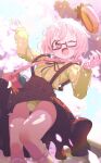  1boy ;d absurdres bag beret blue_sky blurry blurry_background blush bobby_socks brown_ribbon brown_skirt cherry_blossoms collar commission day depth_of_field feet_out_of_frame frilled_socks frills from_below glasses green_panties hair_between_eyes handbag hands_up hat highres long_sleeves looking_at_viewer neck_ribbon one_eye_closed open_mouth original outdoors panties pantyshot petals pink-framed_eyewear pink_eyes pink_hair plaid_clothes plaid_skirt red-framed_eyewear ribbon semi-rimless_eyewear shiro9jira shirt short_hair shoulder_bag skeb_commission skirt sky smile socks solo standing suspender_skirt suspenders trap tree under-rim_eyewear underwear unworn_hat unworn_headwear white_socks wind wind_lift yellow_panties yellow_shirt 