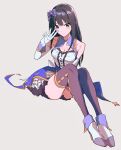  1girl absurdres bare_shoulders black_hair black_thighhighs bloom_into_me15 bow breasts cleavage closed_mouth collarbone dress elbow_gloves full_body gloves green_eyes hair_bow hand_up high_heels highres idolmaster idolmaster_cinderella_girls light_smile long_hair middle_w shibuya_rin shoes simple_background sitting sleeveless sleeveless_dress solo stage_of_magic_(idolmaster) thighhighs w white_gloves white_shoes yellow_trim 
