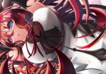  1girl :o arms_behind_head bangs bloodyblack blue_eyes breasts fangs heterochromia highres hololive hololive_english irys_(hololive) large_breasts long_hair looking_at_viewer lying on_side open_mouth pointy_ears purple_eyes red_hair solo virtual_youtuber 