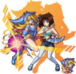  2girls bare_shoulders between_fingers blonde_hair blue_boots blue_hat blue_shorts blush_stickers boots bracelet breasts brown_eyes brown_hair card card_between_fingers chibi choker cleavage closed_mouth collared_shirt colored_shadow dark_magician_girl drop_shadow duel_disk duel_monster energy full_body glowing green_eyes green_shirt hair_between_eyes hand_up hat holding holding_card holding_wand jewelry leg_up long_hair looking_at_viewer magic mazaki_anzu medium_breasts monster_strike multiple_girls official_art open_mouth outstretched_arms pentacle pigeon-toed pink_skirt sandals serious shadow shirt shorts skirt sleeveless sleeveless_shirt socks spread_arms staff teeth thighhighs transparent_background upper_teeth_only v-shaped_eyebrows wand white_socks white_thighhighs wizard_hat yu-gi-oh! 