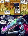  1boy 1other absurdres animal_ears armor armored_gloves asriel_dreemurr asriel_dreemurr_(god_of_hyperdeath) black_dress black_sclera blue_hair blue_skin brown_hair colored_sclera colored_skin commentary deltarune dress energy_sword english_commentary english_text fake_horns furry furry_male goat_boy goat_ears green_hoodie green_shirt heart heart_necklace heartbreak_juan highres holding holding_sword holding_weapon hood hoodie horns jewelry kris_(dark_world)_(deltarune) kris_(deltarune) necklace pointing red_horns shirt short_hair siblings speech_bubble striped_clothes striped_shirt sword television thought_bubble video_game weapon white_horns 