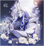  1boy armor blue_hair claws colored_inner_hair fate/grand_order fate_(series) flower full_armor helmet highres horns long_hair male_focus minamoto_no_tametomo_(fate) multicolored_hair no-kan official_alternate_costume rose solo white_armor white_eyes white_flower white_hair white_rose 