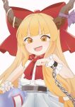  1girl blonde_hair blush bow bowtie buttons center_frills chain cowboy_shot fang frills gourd hair_bow highres holding holding_gourd horn_bow horn_ornament horns ibuki_suika kurohiba long_hair oni open_mouth orange_eyes purple_bow red_bow red_bowtie shirt simple_background sleeveless sleeveless_shirt smile solo touhou upper_body very_long_hair white_background white_shirt wrist_cuffs 