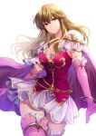  1girl armor arms_at_sides bangle blonde_hair bracelet breasts cape cowboy_shot crossed_bangs dress elbow_gloves fire_emblem fire_emblem:_genealogy_of_the_holy_war gloves hair_between_eyes has_bad_revision has_watermarked_revision highres jewelry lachesis_(fire_emblem) large_breasts long_hair looking_at_viewer pink_cape pink_gloves pink_thighhighs short_dress shoulder_armor sidelocks simple_background solo thighhighs toriko_momomo two-tone_dress white_armor white_background yellow_eyes zettai_ryouiki 