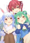  3girls :d absurdres animal_ears braid charlotte11037 commentary double_bun grey_eyes highres hololive houshou_marine looking_at_another looking_at_viewer multiple_girls open_mouth rabbit_ears red_eyes sitting smile twin_braids twintails uruha_rushia usada_pekora virtual_youtuber 