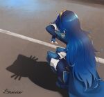  1girl armor blue_boots blue_cape blue_gloves blue_hair boots cape cat_shadow_puppet_(meme) commission fingerless_gloves fire_emblem fire_emblem_awakening gloves grimaisbestwaifu highres long_hair lucina_(fire_emblem) meme shadow_puppet short_hair shoulder_armor signature solo squatting tiara 