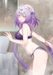  1girl blush bra breasts castorice_(honkai:_star_rail) commentary_request cowboy_shot fanbox_username flower from_side gradient_hair grey_hair hair_flower hair_ornament hair_ribbon heart heart-shaped_pupils highres holding_another&#039;s_wrist honkai:_star_rail honkai_(series) indoors lace-trimmed_bra lace-trimmed_panties lace_trim leaning_forward looking_at_viewer looking_to_the_side medium_breasts multicolored_hair open_mouth out_of_frame panties pointy_ears purple_eyes purple_hair purple_ribbon reflection ribbon shrimp_cake solo_focus symbol-shaped_pupils twintails two-tone_hair underwear 