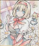  1girl absurdres adapted_costume alice_margatroid blonde_hair blue_dress blue_eyes book breasts capelet cleavage cleavage_cutout closed_mouth clothing_cutout commentary_request daisy_(flower) dated doll dress falling_petals floral_background flower frilled_hairband frills grimoire hairband highres large_breasts lolita_hairband looking_at_viewer monety petals red_hairband shanghai_doll shikishi signature smile solo touhou traditional_media white_capelet white_flower white_petals 