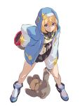  1boy androgyne_symbol bare_legs black_skirt blonde_hair blue_eyes blue_jacket boots bridget_(guilty_gear) commentary_request drawstring fingerless_gloves full_body gloves grey_gloves guilty_gear guilty_gear_strive hair_between_eyes hood hood_up hooded_jacket jacket korean_commentary leaning_forward legs_apart long_sleeves looking_at_viewer male_focus miniskirt open_clothes open_jacket pagye pleated_skirt simple_background skirt smile solo standing stuffed_animal stuffed_toy teddy_bear trap white_background yo-yo 