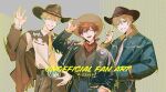  3boys ;d alternate_costume aqua_hair bandana bandana_around_neck belt belt_buckle black_belt black_jacket black_pants black_shirt blue_jacket brown_hat brown_pants buckle collared_shirt cowboy cowboy_fringe cowboy_hat cowboy_western cropped_jacket denim denim_jacket earrings embroidery fringe_trim fur_trim fushimi_gaku gradient_hair grin hand_in_pocket hand_on_headwear hand_on_own_hip hat high-waist_pants jacket jeans jewelry kitami_yusei leather leather_jacket looking_at_viewer male_focus medium_hair mole mole_under_eye multicolored_eyes multicolored_hair multiple_boys necktie nijisanji one_eye_closed open_clothes open_jacket orange_eyes orange_hair outline pants pink_eyes ponytail purple_eyes red_bandana ring riz3 shirt short_hair short_ponytail short_sleeves smile tie_clip twitter_username two-tone_eyes two-tone_hair upper_body usami_rito v virtual_youtuber wallet_chain waving white_shirt wing_collar yellow_eyes yellow_nails yellow_necktie 