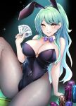  1girl absurdres ace_of_spades animal_ears black_background black_bow black_bowtie black_leotard bow bowtie breasts card cleavage commentary_request detached_collar fishnet_legwear fishnets green_hair grey_background highres large_breasts leotard long_hair original pantyhose playboy_bunny playing_card poker_chip ponytail purple_bow purple_bowtie rabbit_ears rabbit_tail simple_background sitting solo strapless strapless_leotard tail tooga_mashiro wrist_cuffs yellow_eyes 
