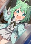  1girl absurdres ahoge angel_wings animal_ear_fluff animal_ears aqua_eyes blue_eyes blurry blush cat_ears commission doorway green_hair highres hood jacket looking_at_viewer open_door open_mouth opening_door pov_doorway shiro9jira short_hair skeb_commission skirt smile solo vrchat white_skirt wings 